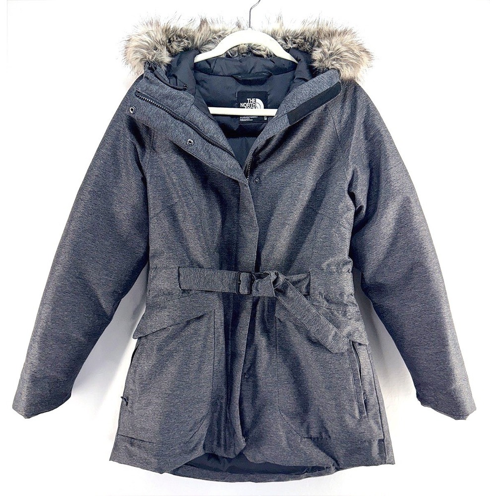 The North Face Womens Gray Goose Down Belted Faux Fur Hood Winter Coat Parka M